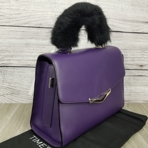 NEW Time\'s Arrow Ava Leather Mini Satchel Bag purse with Sheep Fur Purple $328